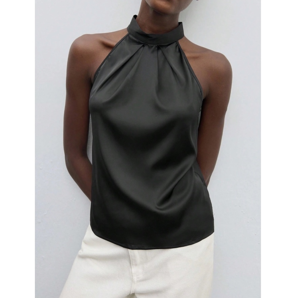 Black Satin Halter Blouse Top